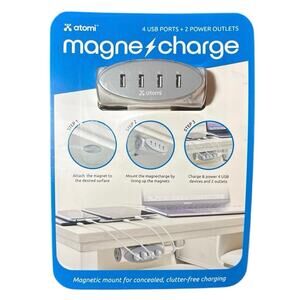Atomi Magnecharge Magnetic Power Strip Under Desk Mount 4 USB 2 Outlets